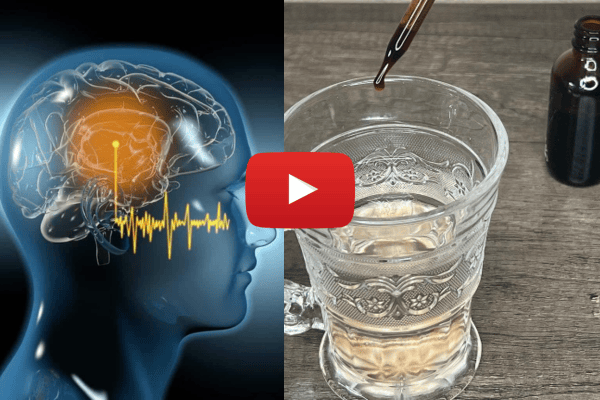 Brain scan and older adult with play button overlay